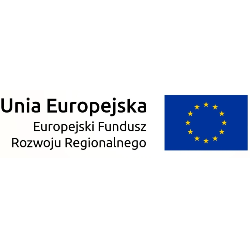 Logo Unii Europejskiej z napisem "Unia Europejska" oraz "Europejski Fundusz Rozwoju Regionalnego", obok znajduje się flaga UE z dwunastoma gwiazdami na niebieskim tle.